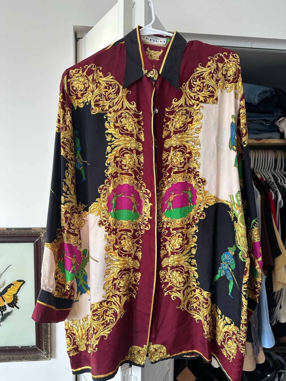 Vintage Baroque Print Long-Sleeve Blouse - Burgundy, Black, Cream